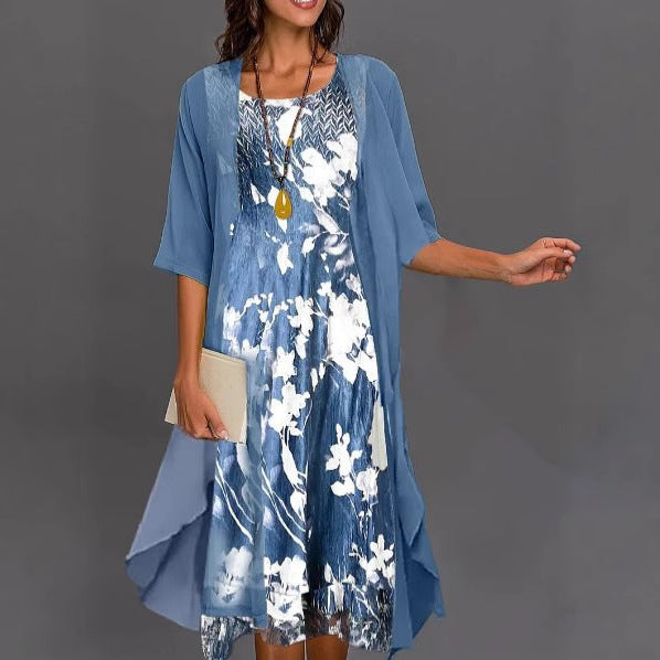 Dame elegant fritidskjole med asymmetrisk kant og floral design Stilla