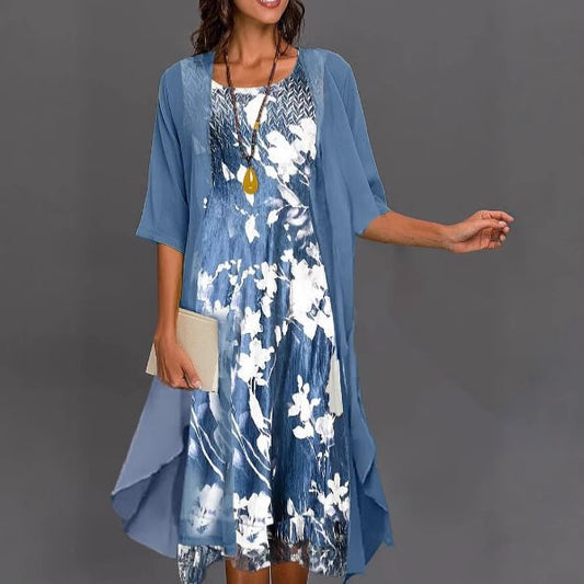 Dame elegant fritidskjole med asymmetrisk kant og floral design Stilla