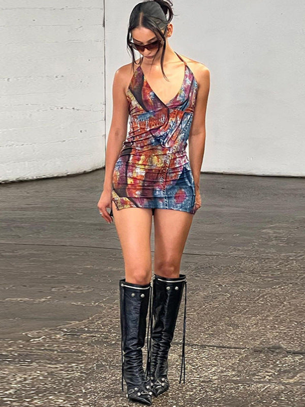 Dame Denim Kjole med dyb udskæring og elegante detaljer Stilla