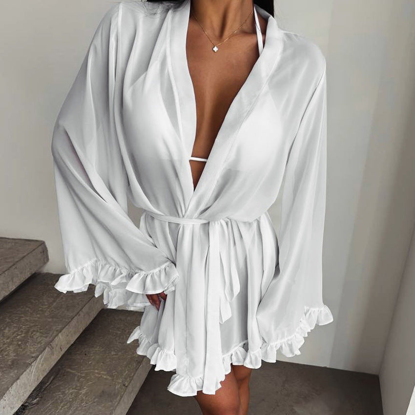 Dame afslappet sommerkjole med flæsedetaljer og justerbart bælte Stilla