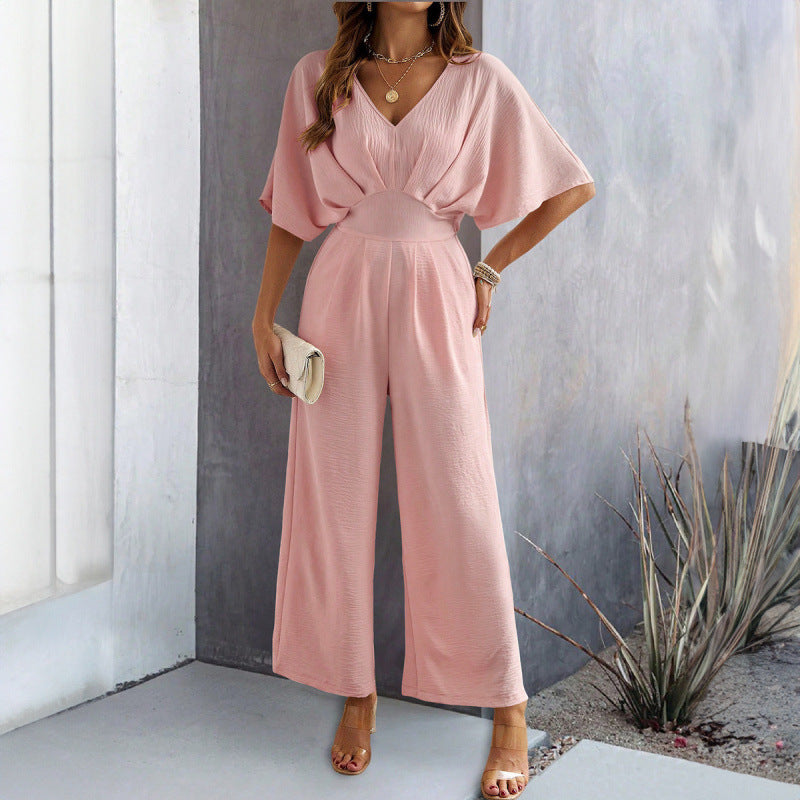 Dame Elegant Bredbenet Jumpsuit med Draperede Ærmer Stilla