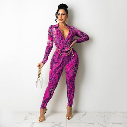 Dame Slangeprint Langærmet Bodysuit Jumpsuit Stilla