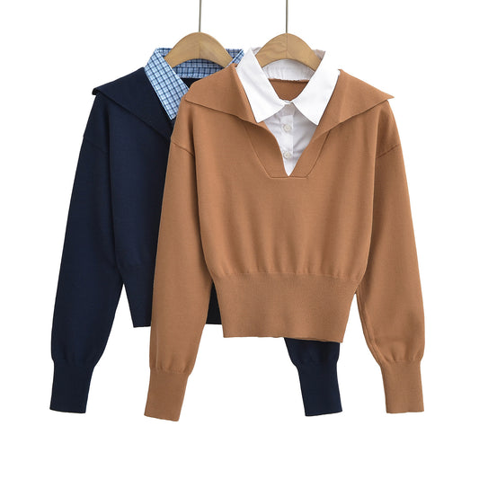 Dame cropped pullover med integreret skjortekrave og moderne design Stilla