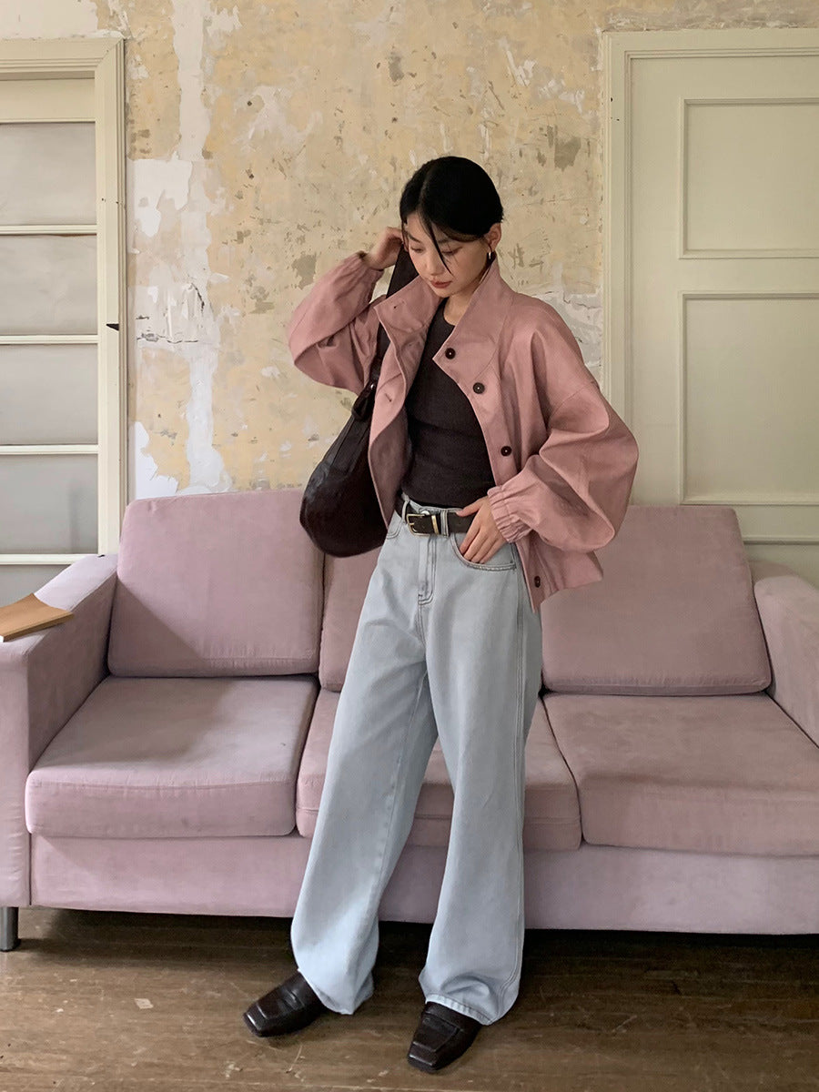 Dame afslappet kunstlæderjakke med høj krave og praktiske lommer Stilla