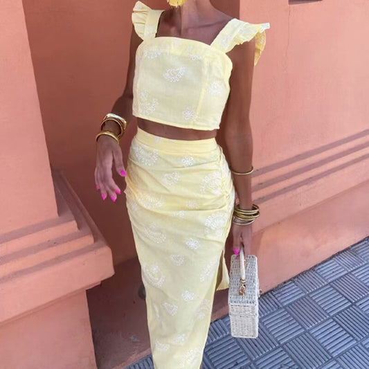 Dame Crop-top og Maxi-nederdel sæt med blomsterdesign og flæsedetaljer Stilla