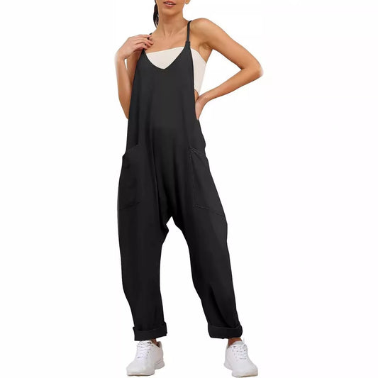 Dame Afslappet Jumpsuit med dyb udskæring og praktiske lommer Stilla