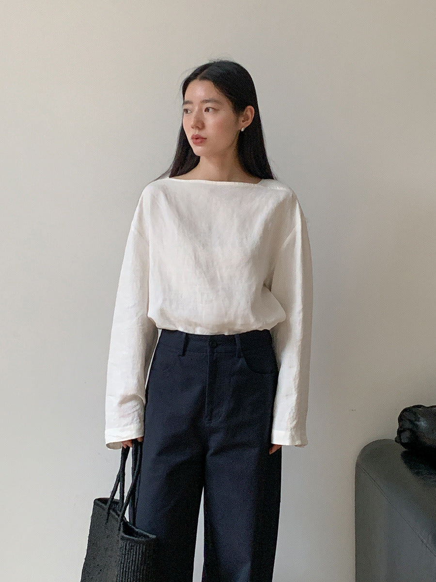 Dame afslappet longsleeve-top med dybt udskåret halsudskæring og fleksibel pasform Stilla