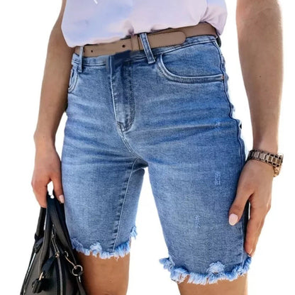 Dame jeans-shorts i moderne relaxed-fit stil med frynsekant Stilla