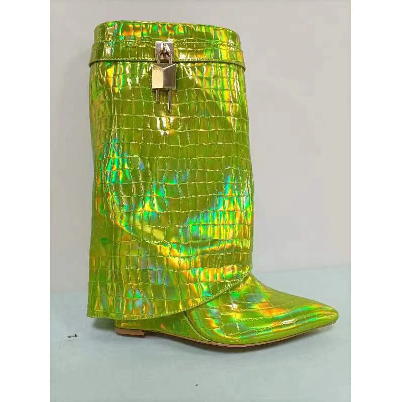 Dame Krokodille-læder-over-knæet Fashion Støvler med metallic-finish Stilla