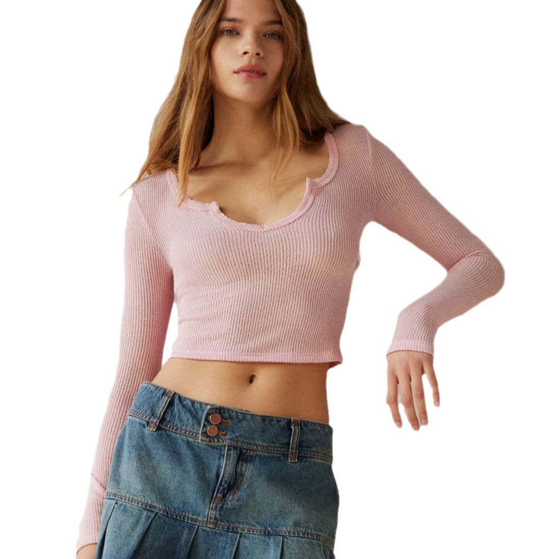 Dame afslappet langærmet rib-top med V-udskæring og fint slidsdesign Stilla