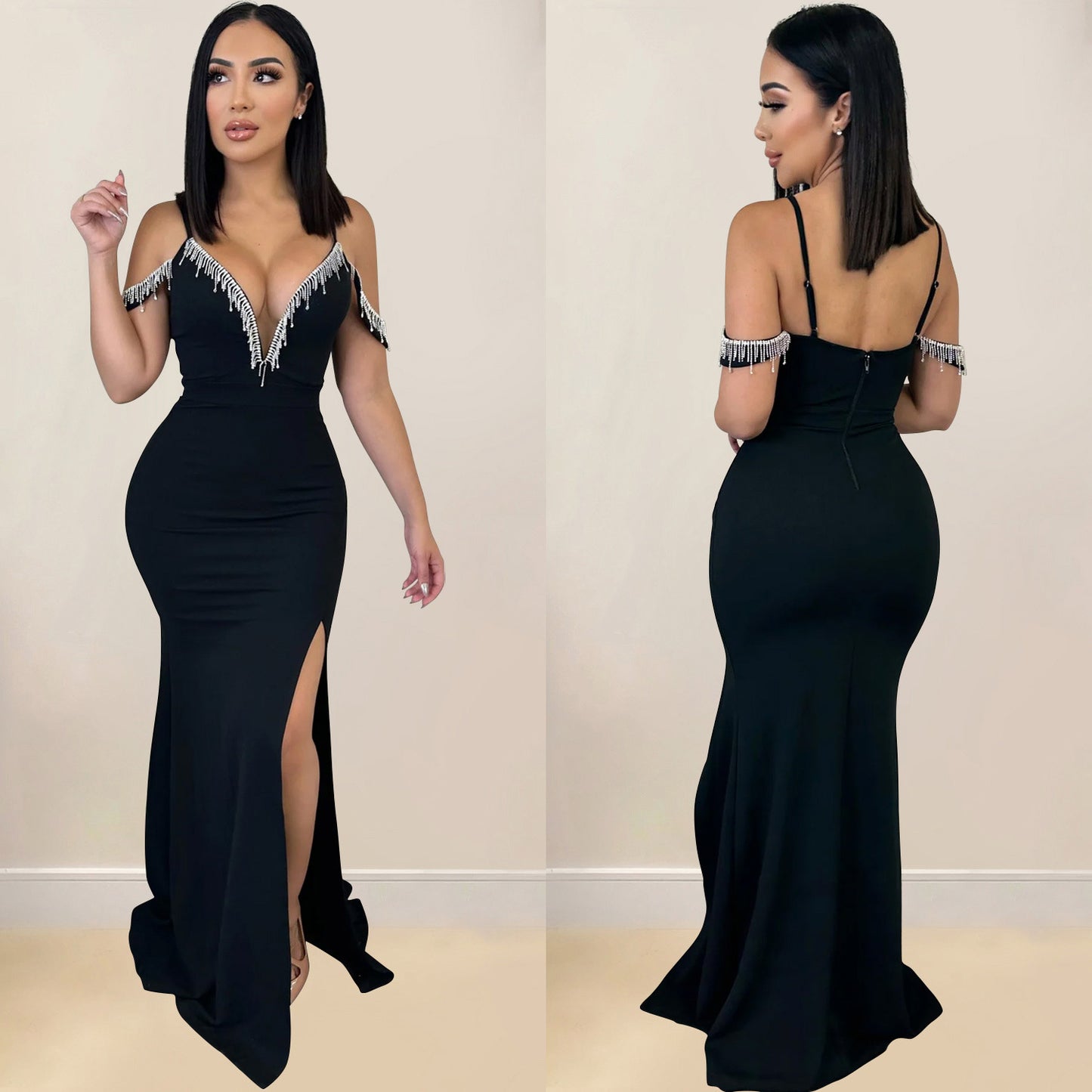 Dame Elegant aften kjole med glitrende rhinestone detaljer og dyb V-udskæring Stilla