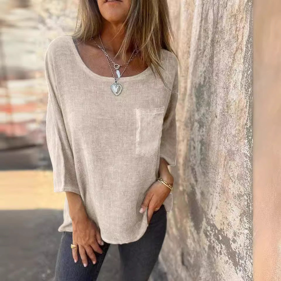 Dame afslappet linned skjorte med praktisk brystlomme og bred pasform Stilla