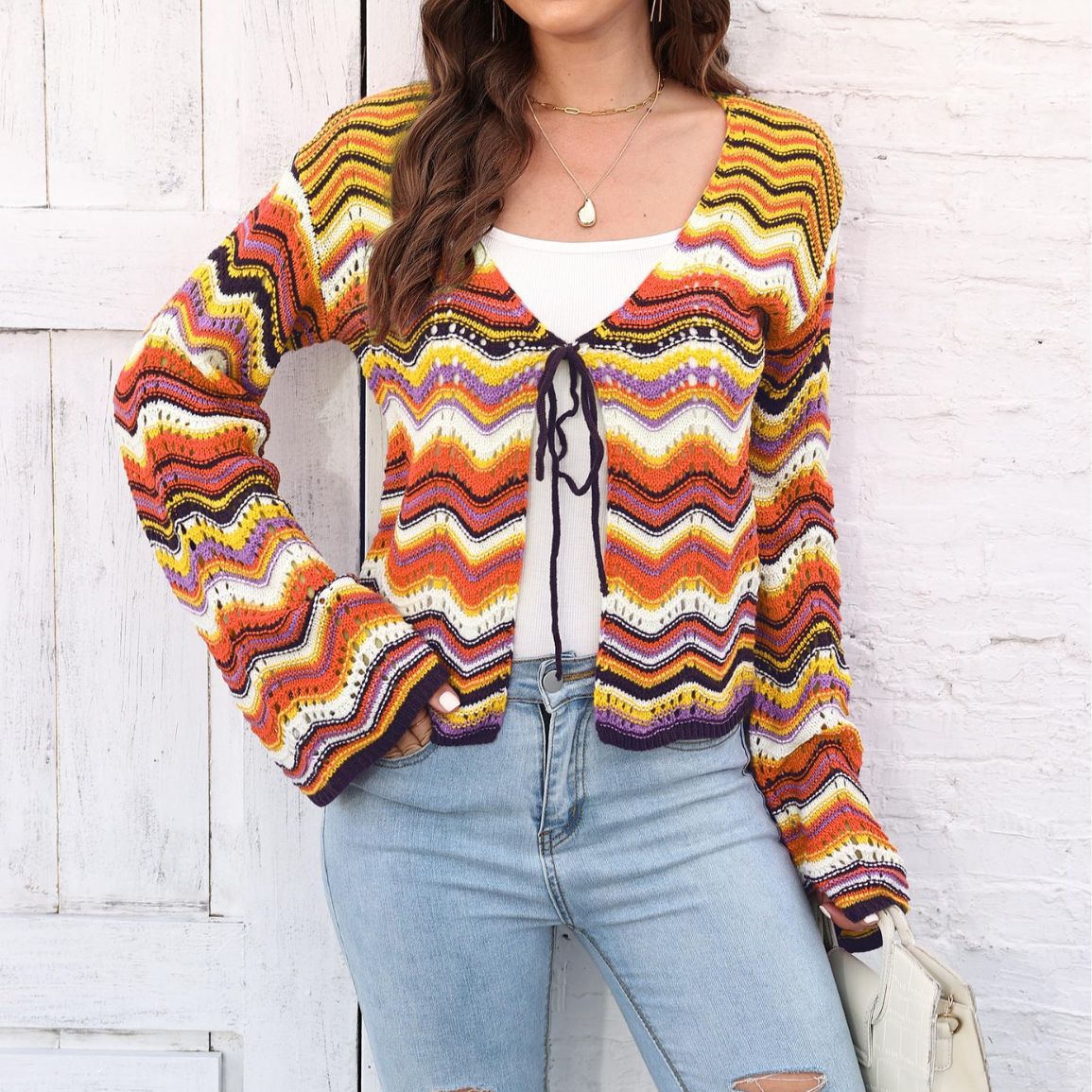 Dame cropped strikjakke med farvemæssigt varieret bølgemønster Stilla