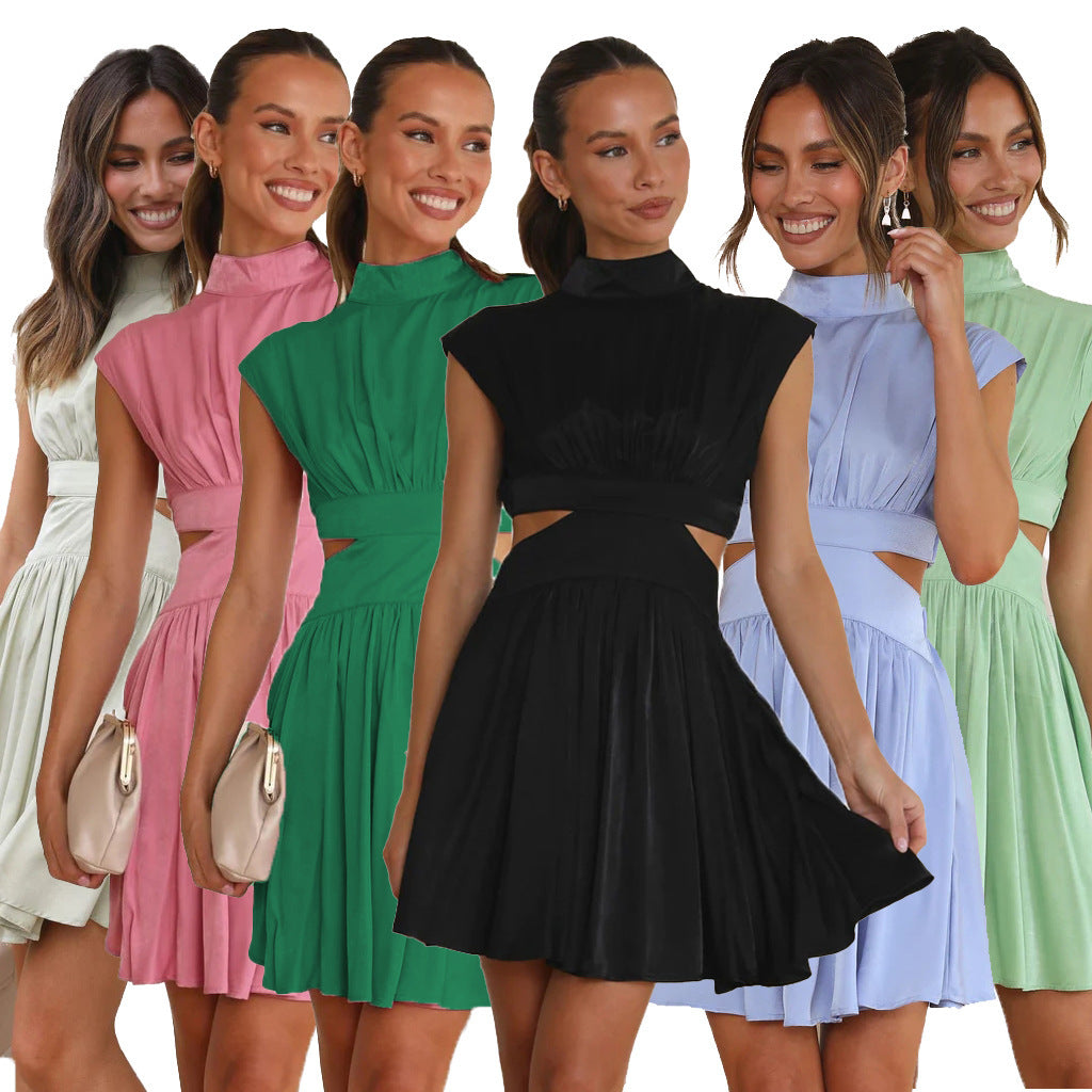 Dame Cut-Out Cocktailkjole med høj krave og flydende nederdel Stilla