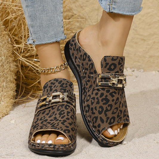 Dame Åbne Pantoletten med modig Leopardmønster og komfortabel Sål Stilla