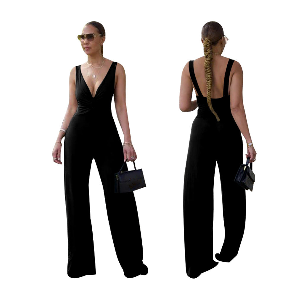 Dame elegant V-hals jumpsuit med bred ben og figursyet design Stilla