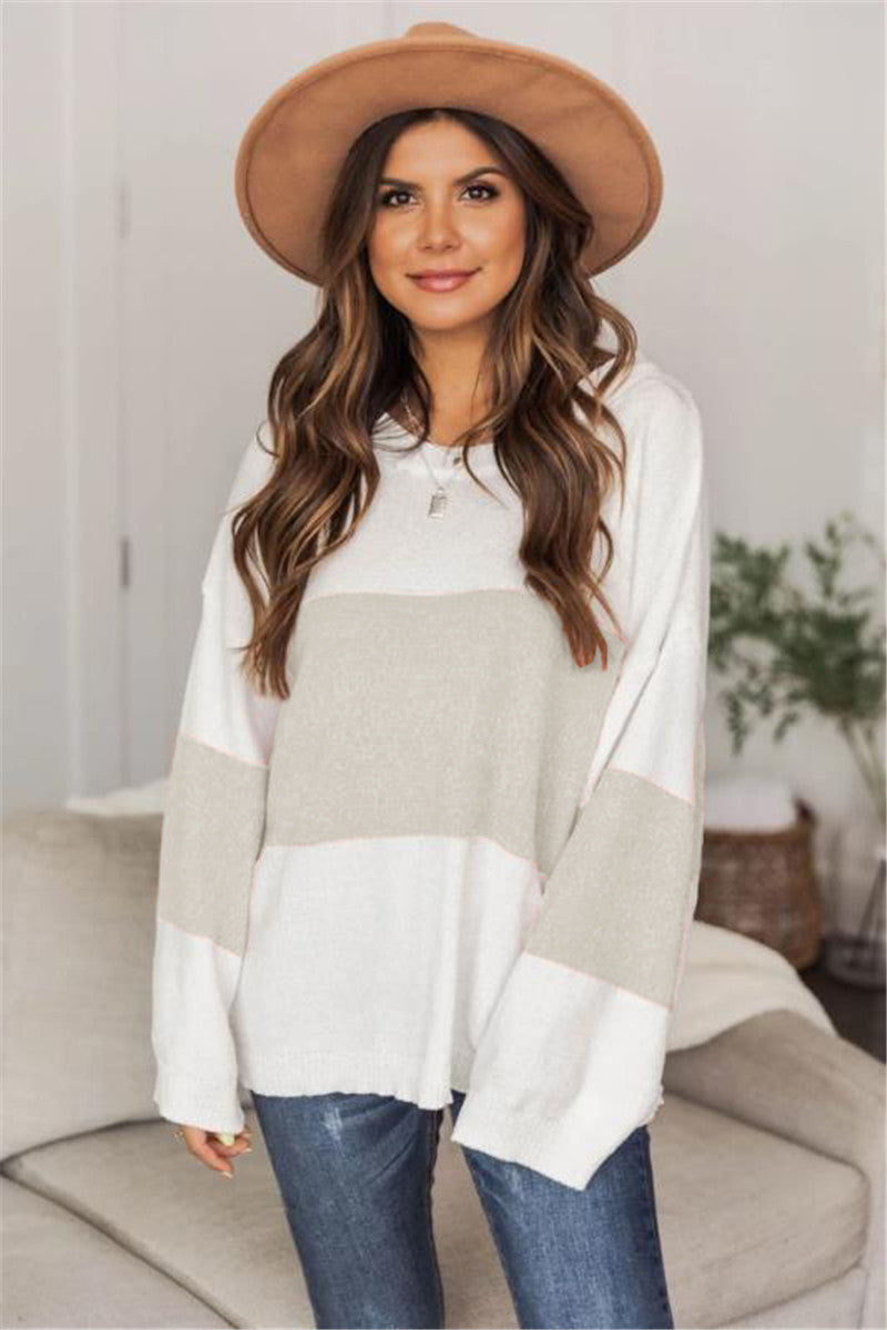 Dame afslappet grovstrikket sweater med moderne stribemønster og bredt skårne ærmer Stilla