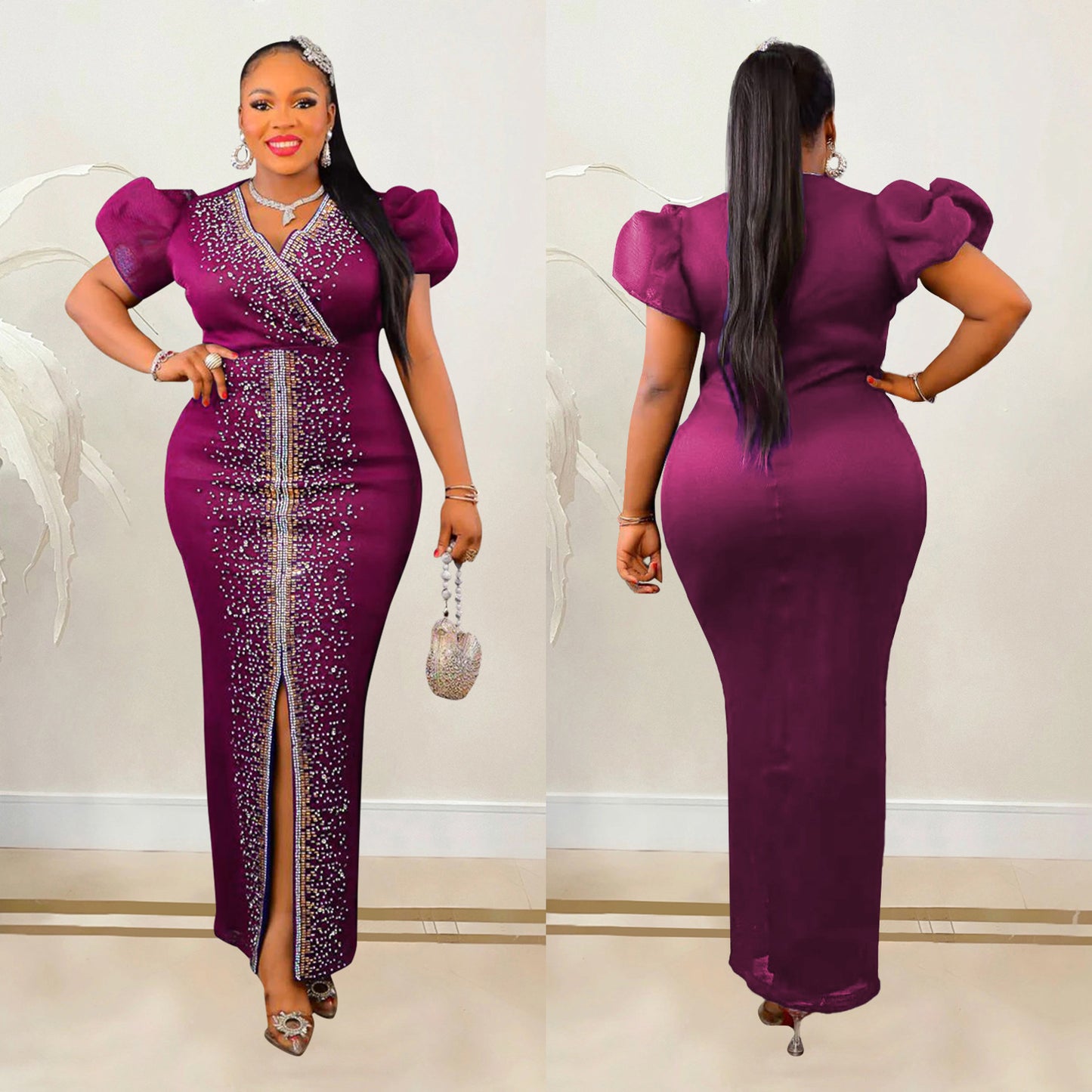 Dame Elegant Aftenkjole med kunstneriske Pailletter og ekstravagante Puffærmer Stilla