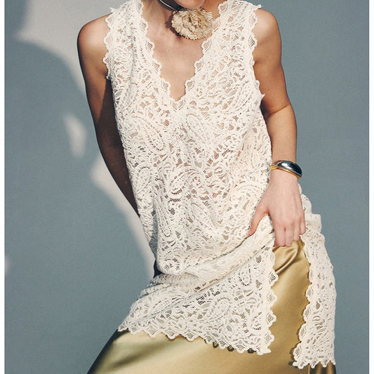 Dame elegant hækle top med dyb V-halsudskæring og flydende snit Stilla