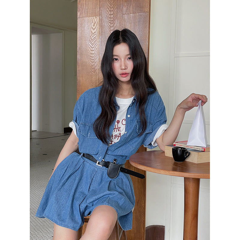 Dame Denim Overshirt med kortærmet design og praktiske brystlommer Stilla