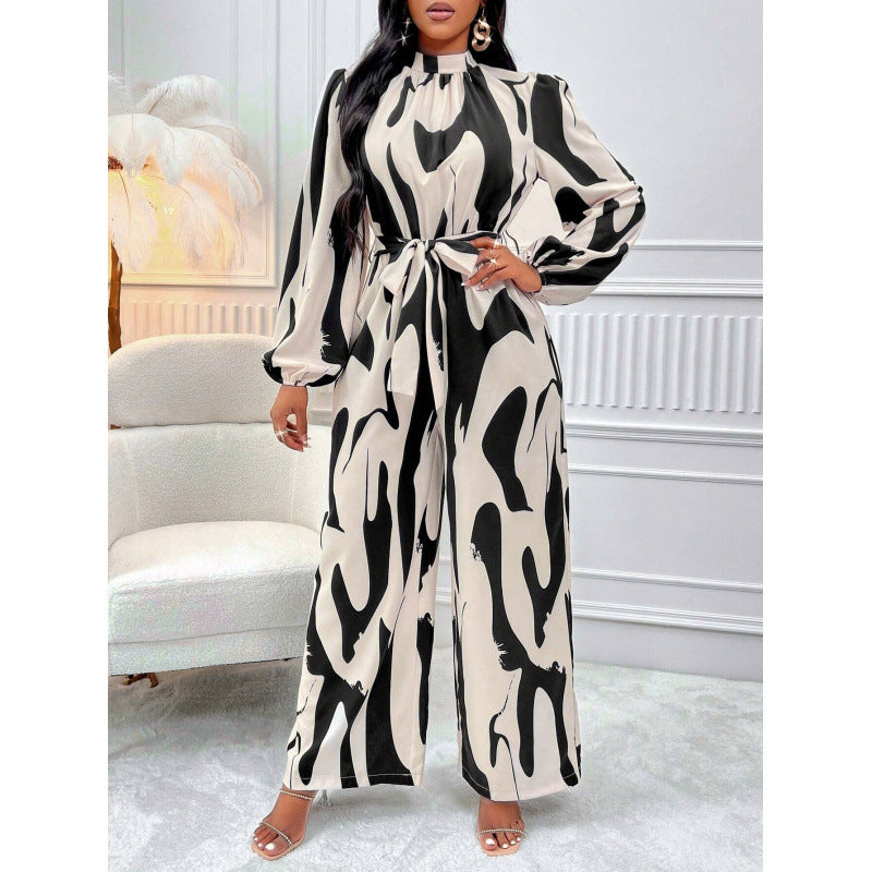 Dame Langærmet-Abstract-Print-Jumpsuit med Taljesnor Stilla