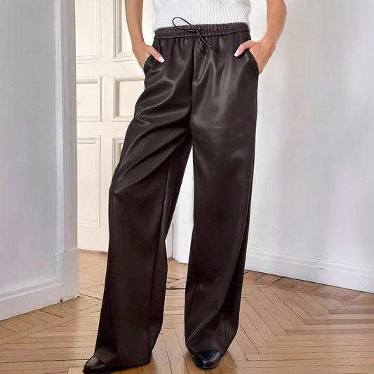 Dame Elegant bredt skåret kunstlæderbuks med elastisk bund og sidestref Stilla