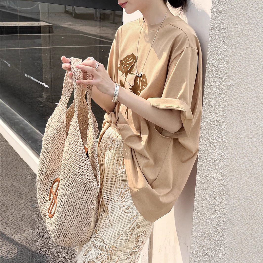 Dame afslappet oversized T-shirt med blomstermotiv Stilla