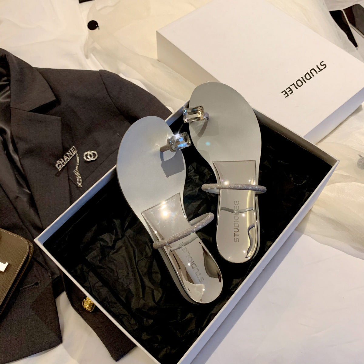 Dame Elegant Åben Tå Rutsjebaner med Dekorativ Strass Accent Stilla