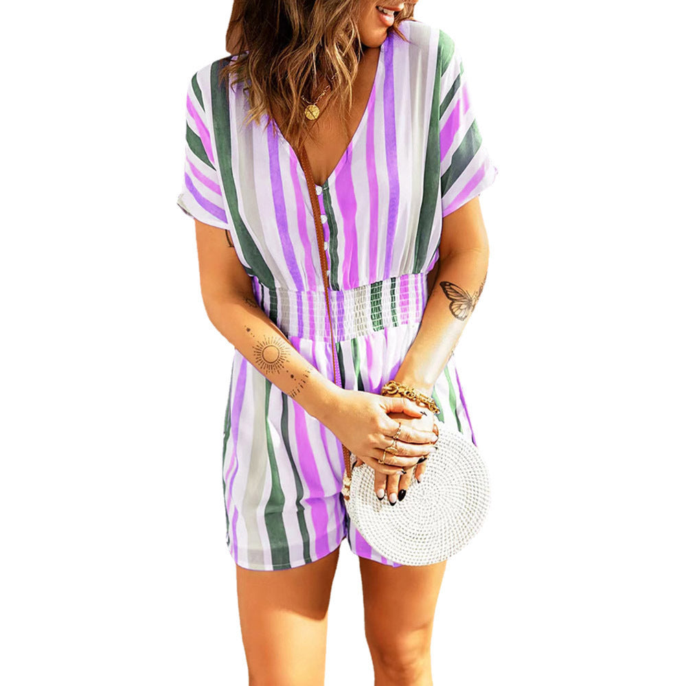 Dame casual kort jumpsuit med striped design og knapdetaljer Stilla