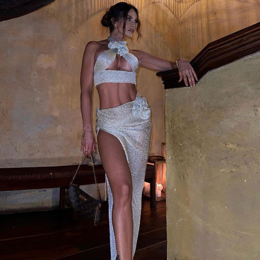 Dame Crop-Top og Maxi-Nederdel Sæt med blomster accent og sidelæg Stilla