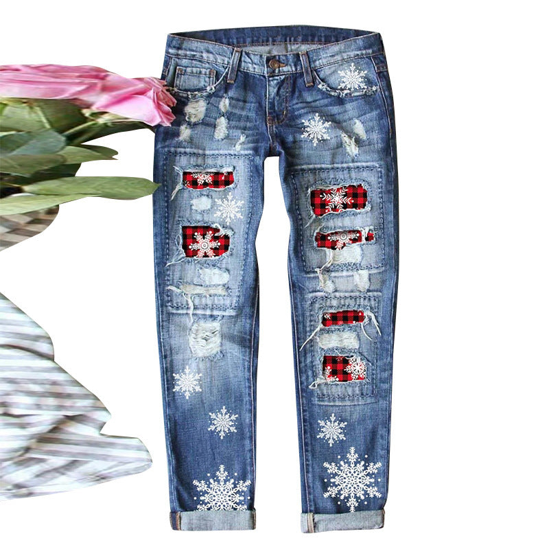 Dame Destroyed Jeans med vinterlige motiver Stilla