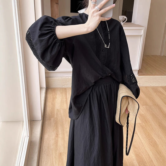 Dame elegant bluse med kunstfærdig spidsdekoration Stilla