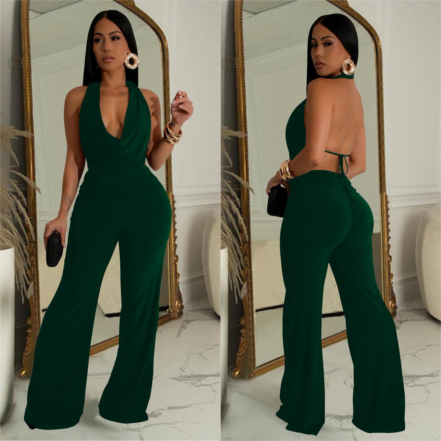 Dame Elegant Jumpsuit med dyb V-udskæring og flydende materiale Stilla