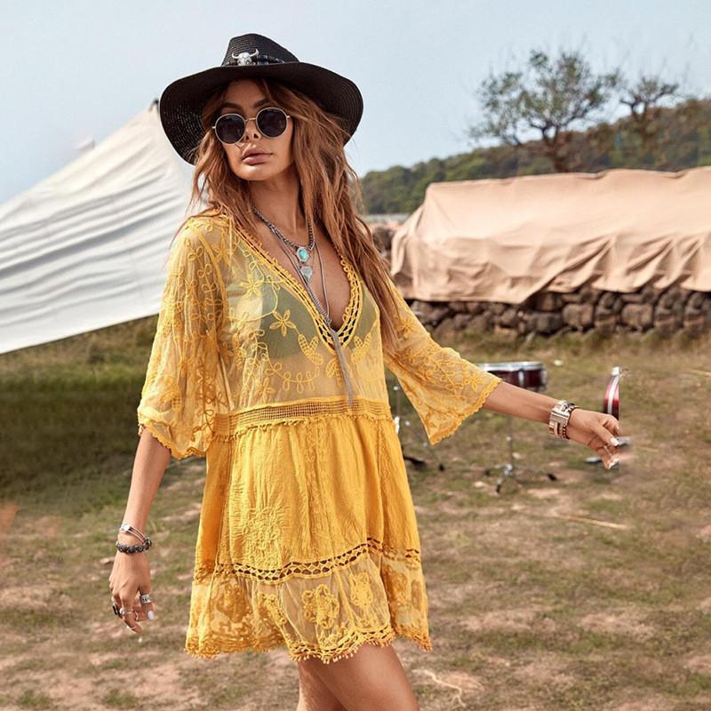 Dame Elegant gennemsigtig strandkjole med eksklusive broderier Stilla