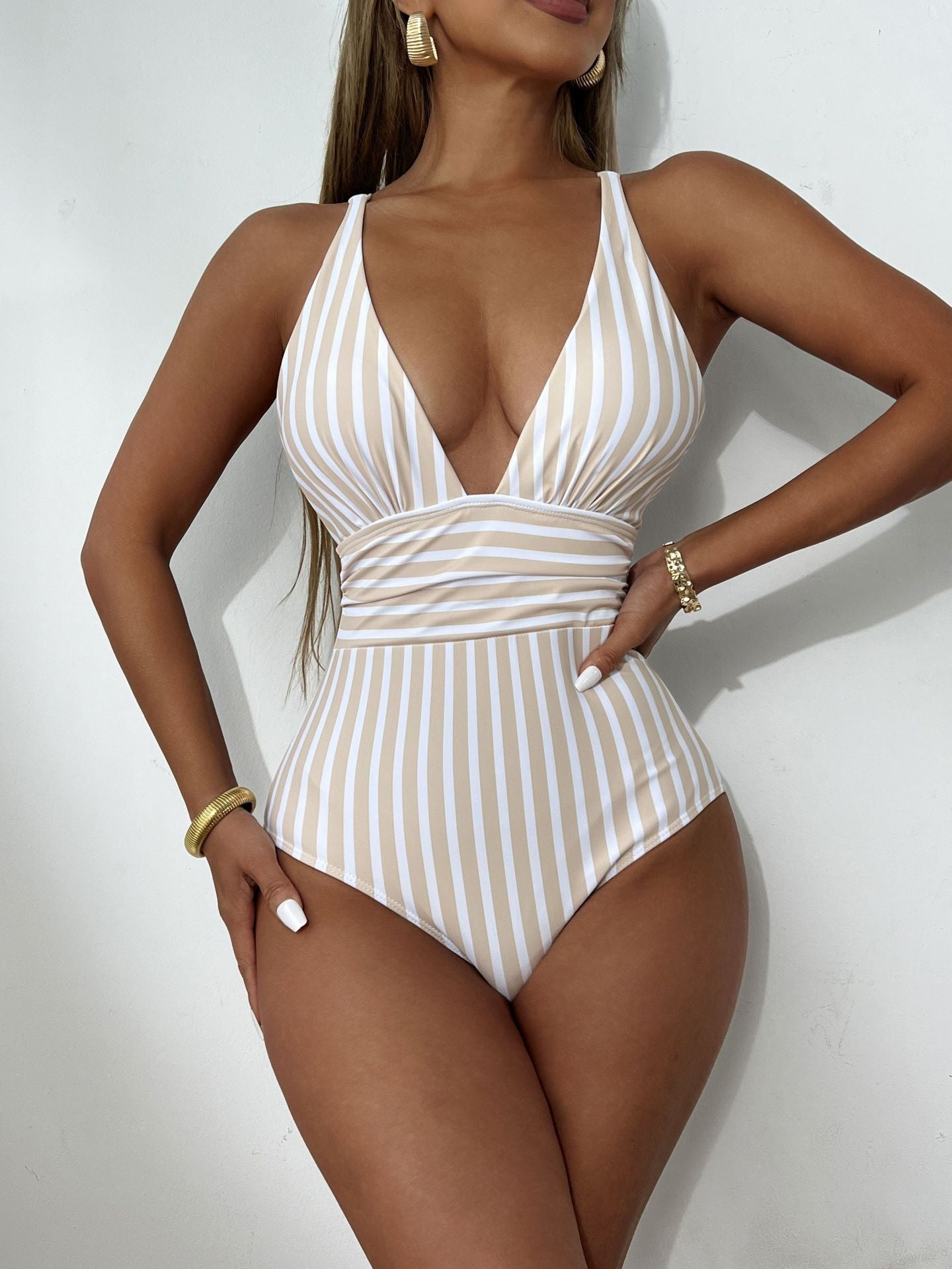 Dame Deep V-udskæring Stribet Én stykkes Badedragt Stilla