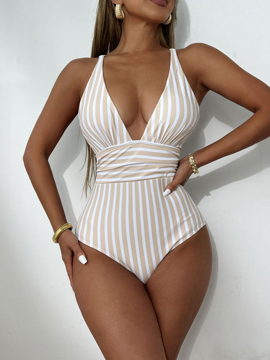 Dame Deep V-udskæring Stribet Én stykkes Badedragt Stilla