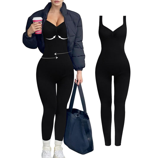 Dame figursyet jumpsuit med V-hals og ribstruktur Stilla
