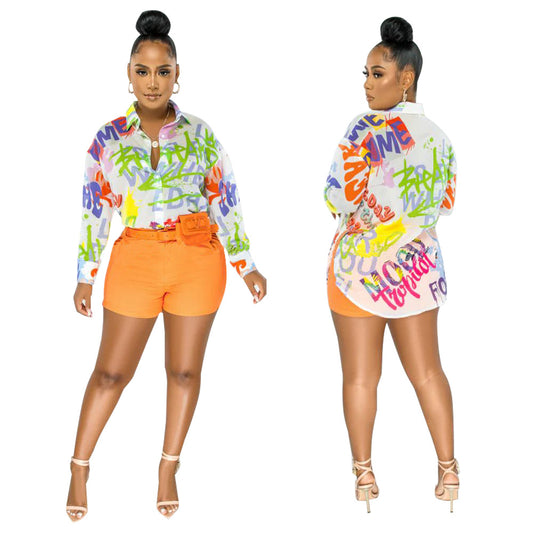 Dame afslappet overshirt-bluse med farverig grafiktryk og lange ærmer Stilla