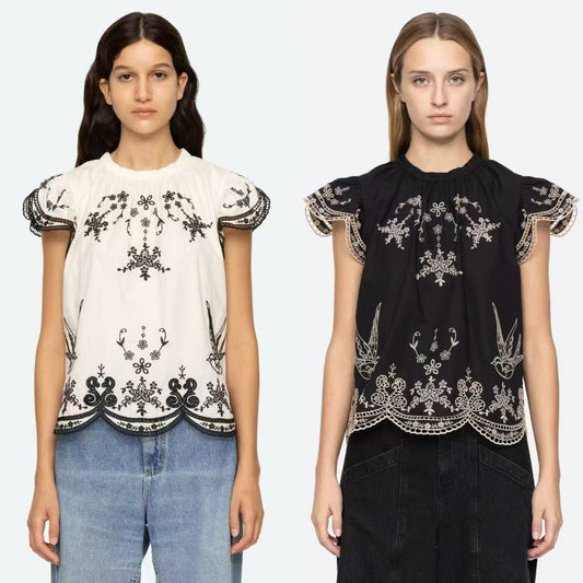 Dame elegant bluse med kunstneriske broderier og flæseærmer Stilla