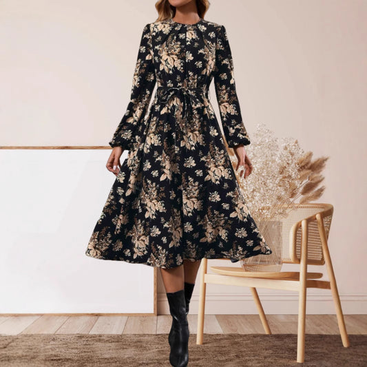 Dame Midi-Kjole med elegant blomstertryk og justerbar talje Stilla