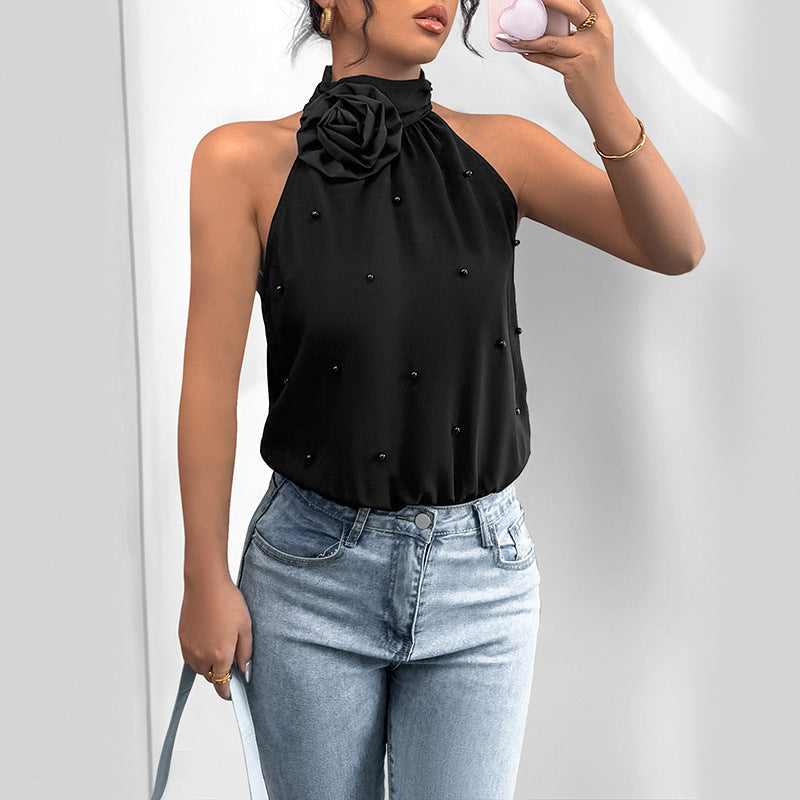 Dame Elegant Halterneck top med blomstrede accenter Stilla