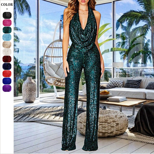 Dame glamourøs jumpsuit med glitrende pailletter og dyb udskæring Stilla