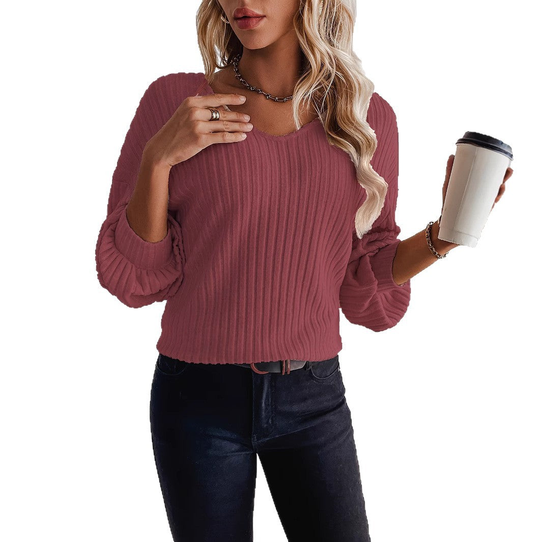 Dame afslappet ribpullover med V-hals Stilla