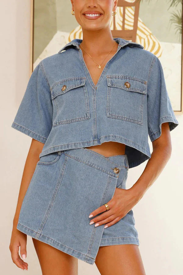 Dame Denim Cropped Skjorte og High-Waist Mini Nederdel Sæt Stilla