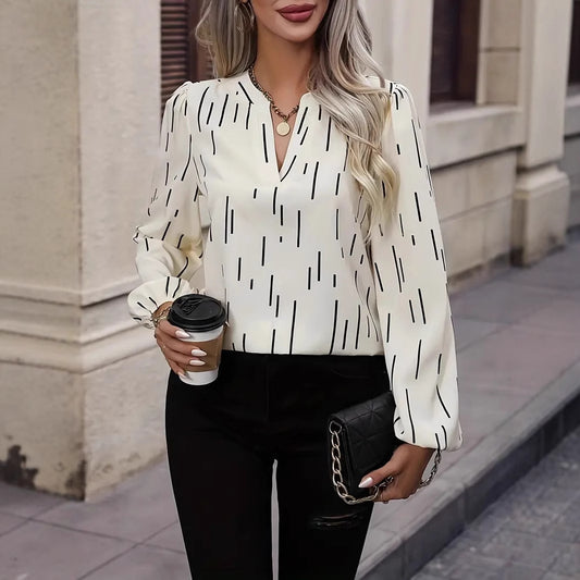 Dame eksklusiv stribet bluse med V-udskæring og ballonformede ærmer Stilla