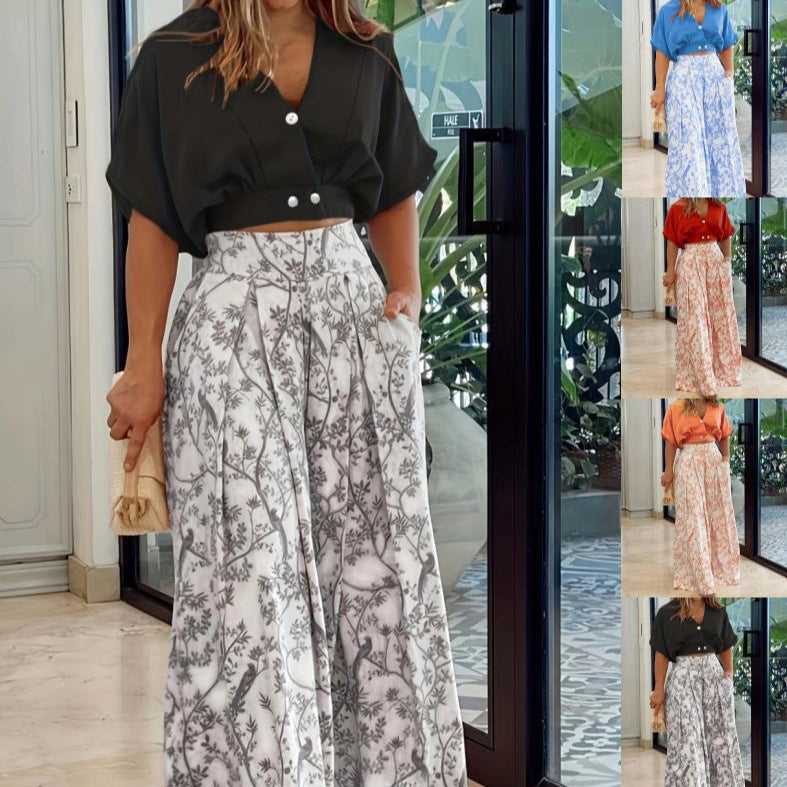 Dame elegant crop-top med knapdetaljer og maxiskirt med blomsterprint Stilla