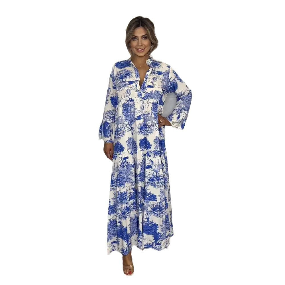 Dame afslappet maxikjole med dekorativt print og lange ærmer Stilla