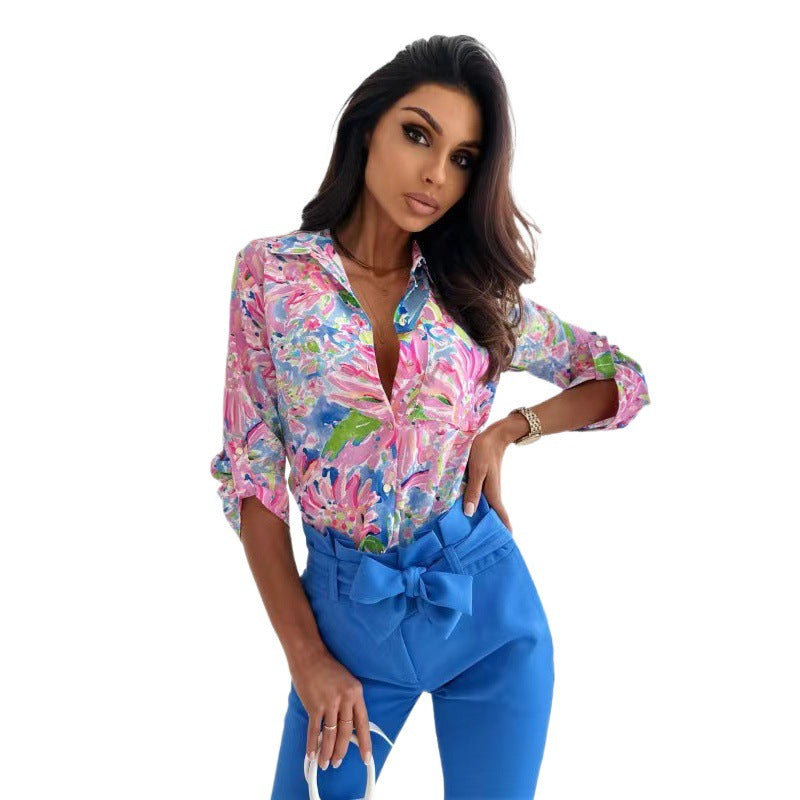 Dame elegant bluse med kunstnerisk mønster og løs pasform Stilla