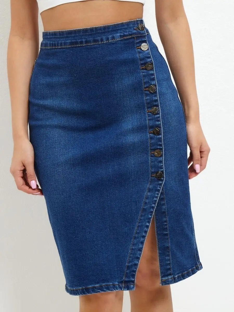 Dame Denim-Midi nederdel med knaplukning og høj talje Stilla