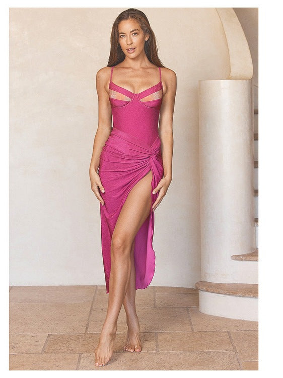 Dame elegant badedragt med raffinerede glansdetaljer og matchende maxiskørt Stilla